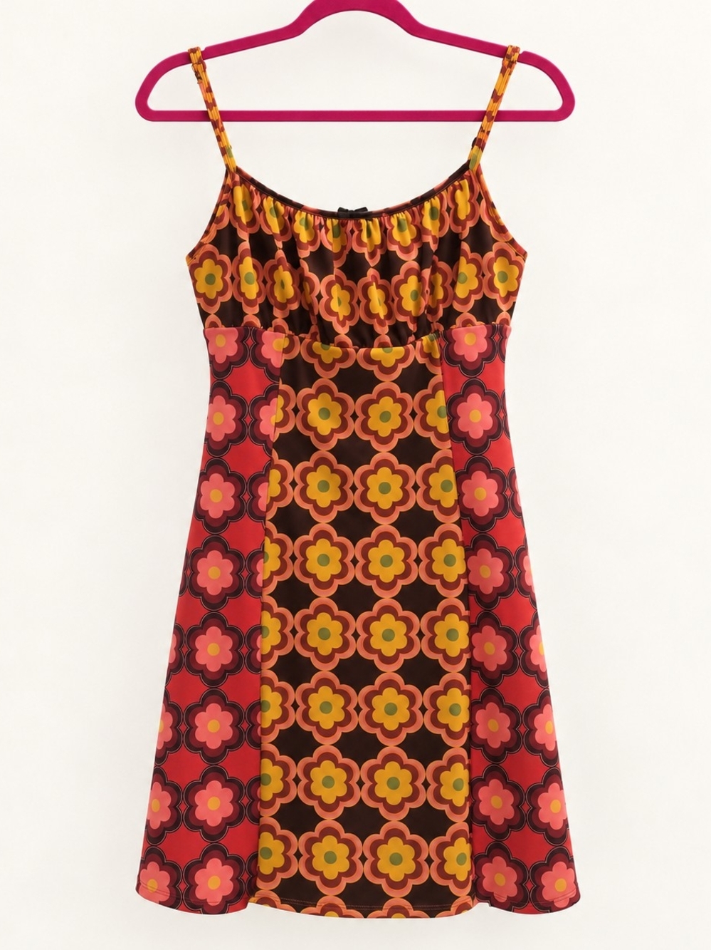 Retro 1970's Inspired Floral Spaghetti Strap Dress in Brown and Coral Sz Lrg